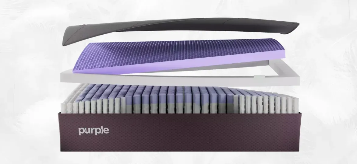 photo of a Purple brand hybrid mattress with its layers revealed